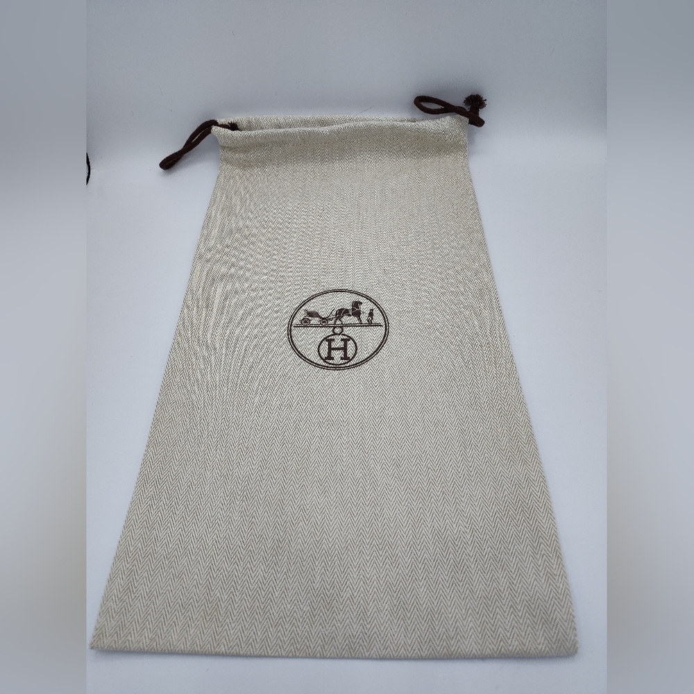 Authentic HERMÈS Beige Herringbone Shoe Dust Bag 16x12" Logo Drawstring LIKE NEW